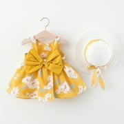 LoyisViDion Baby Girls Dress Clearance Toddler Baby Kids Girls Floral Flowers Princess Dress Hat Outfits Clothes Yellow 18-24 Months